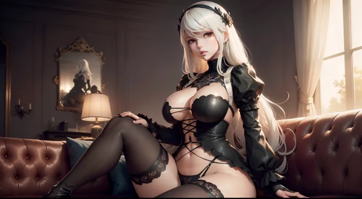 A2, nier automata, debout, lingerie fine, gros seins, taille fine, long cheveux blancs, tentacules, hentai, leaning on a sofa