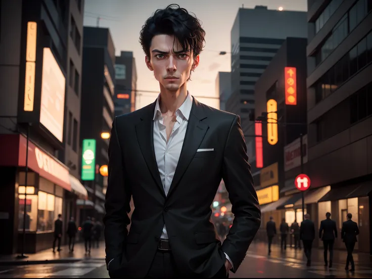 realistic 8k image of a thin man, 25 years old, short black hair, wearing a black blazer with a white blouse underneath, expression of fear, wide eyes standing in the middle of the street on the crosswalk, night scene