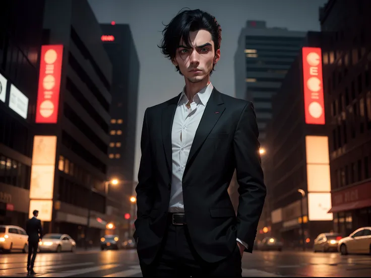 realistic 8k image of a thin man, 25 years old, short black hair, wearing a black blazer with a white blouse underneath, expression of fear, wide eyes standing in the middle of the street on the crosswalk, night scene