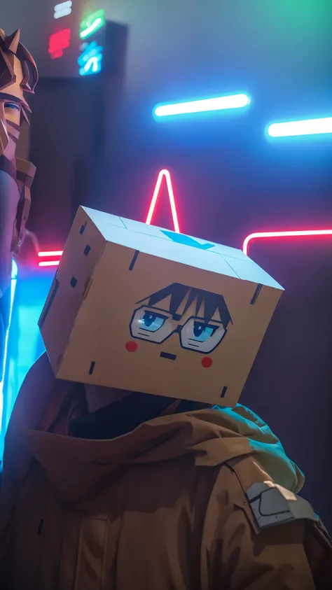 Anime,1 man, boy heandsome , 8k quality, wearing a cardboard head