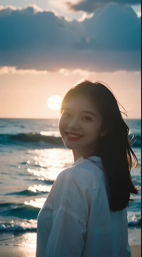 Best Quality,Masterpiece,The ultra-Highres,(Realisticity:1.4),OriginalPhoto,Cinematic lighting,
1Girl,Smile,Back lighting,ocean,