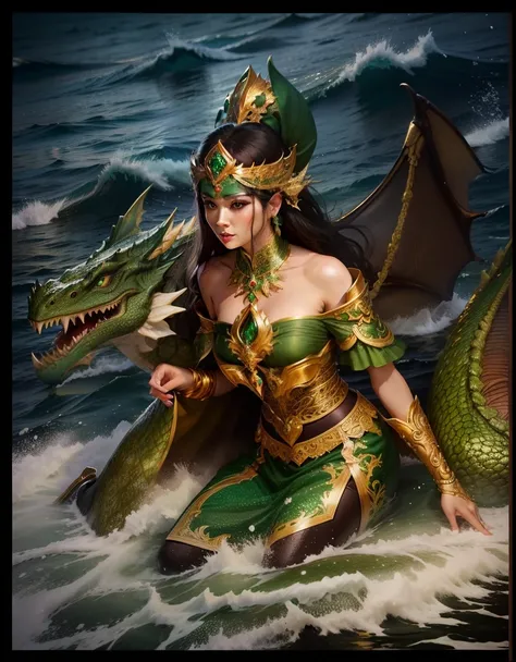 beautyful goodess holding trisula, wearing green emerald javaness traditional cloth, in the middle of the ocean with dragon, super detail, beautyful detail face, photo 8K best quality, hyper realistic, ultra detail