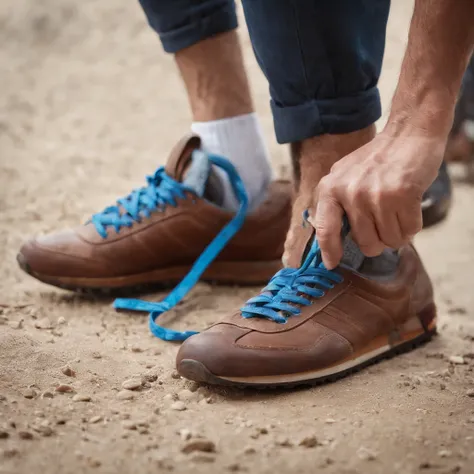 arafed image of a man holding a shoe with a blue shoelace, a portrait inspired by Kailash Chandra Meher, cg society contest winner, cobra, advertising photo, product advertisement, photography shot, advertising photography, salomon, official product photo,...