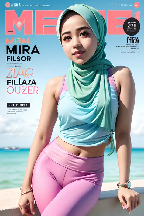 masterpiece, best quality, malay girl (mira filzah:1.5), pastel color hijab, pastel color tank top and leggings, outdoor, magazine cover ,upper body,