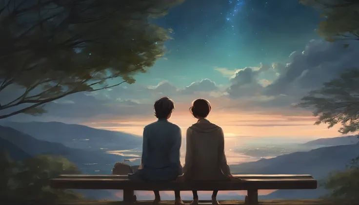 they are sitting on a bench looking at the stars in the sky, guweiz and makoto shinkai, sakimichan and makoto shinkai, ross tran and makoto shinkai, fiona staples and makoto shinkai, anime style 4 k, artwork in the style of guweiz, makoto shinkai and tom b...