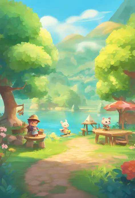 A serene, sunny day in Animal Crossing, showcasing cute animal characters in their charming village, engaging in various activities like fishing, bug hunting, or relaxing under the trees.