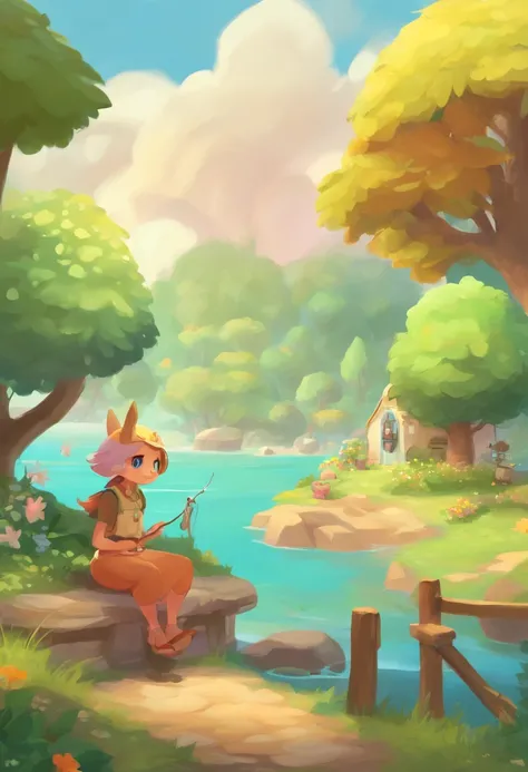 A serene, sunny day in Animal Crossing, showcasing cute animal characters in their charming village, engaging in various activities like fishing, bug hunting, or relaxing under the trees.