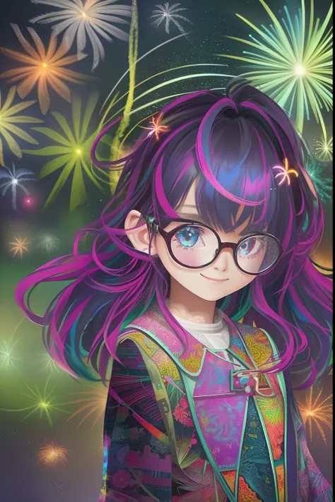 (Fireworks display seen from space)),Fireworks are the main ingredient，A fireworks display beyond imagination，innocent smiles、eye glass、Never seen it、Seven colors,(1girl in, Solo:1.6),(Cute smile),(The clothes are simple), (Best Impact:1.5), (Maximalism:1....