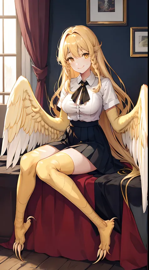 1woman,40s,happy face,shirt, skirt,medium tits,blonde hair,long hair,yellow eyes,harpie,blonde wings,long hair,claws,room