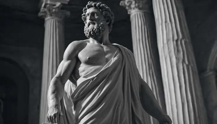 a full-length statue, forte,sem camisa, Marcus Aurelius muscle stoic in black and white 4K,Face de lado, papel de parede super realista