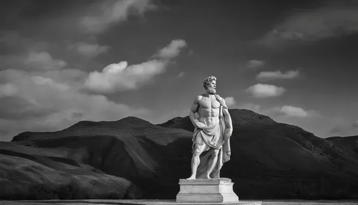 a full-length statue, forte,sem camisa, Marcus Aurelius muscle stoic in black and white 4K,Face de lado, papel de parede super realista