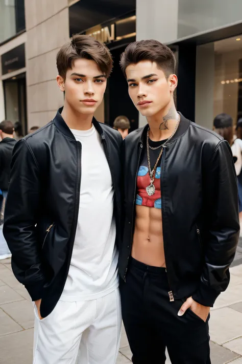 "Describe a young boys gay couple, both in their late teens or early twenties, who are fashionably dressed in the latest trendy clothing. The photograph captures the couple looking directly into the camera with confident and stylish expressions. Explore th...