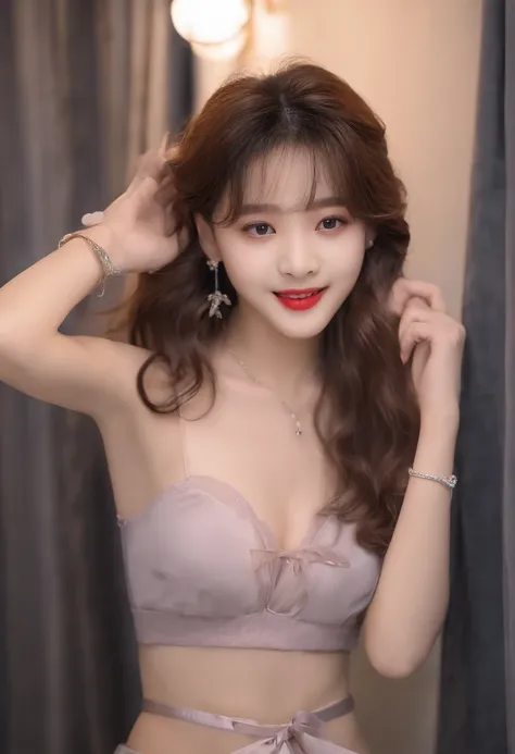 Song Yuqis face，15-year-old girl，Slightly curly hair，in bathroom，Face the audience head-on，ssmile，Wet breasts，Wet chest，No chest covering，exposing her chest，ssmile，Hold your hands on your chest