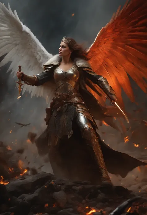 (best quality,4k,ultra-detailed,realistic:1.2),a men with large wings, a sword, a hood over her head in the background of a war (chaos),oil painting style, vibrant colors, dramatic lighting