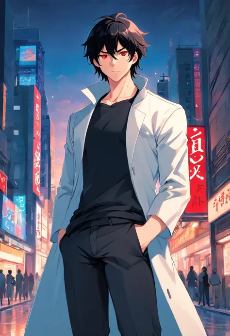 A two-meter muscular 20-year-old guy with pale skin, long black hair and red eyes, dressed in black pants, tight T-shirt in matte black, a white overcoat and similar to Dio Brando.