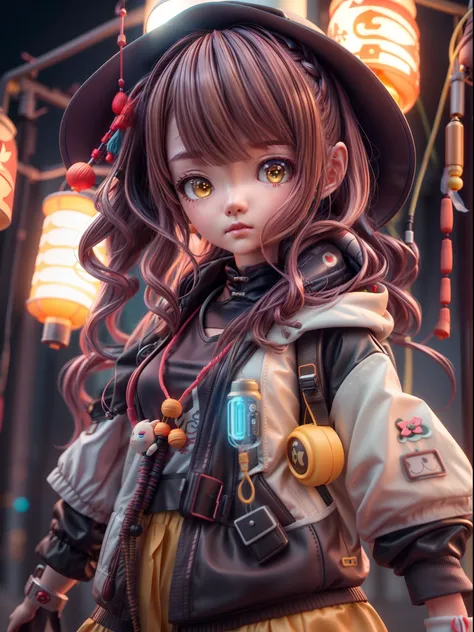 Soft clay character style：Close up of doll in Jane fishing cyberpunk costume, full bodyesbian,brunette color hair,with a melancholy expression,Clothes in a minimalist style,Soft clay material,anime styled 3d, 8k high-quality detailed art, Stylized anime, 3...