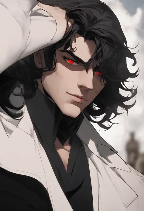 A two-meter muscular 20-year-old guy with pale skin, long black hair and red eyes, dressed in black pants, tight T-shirt in matte black, a white overcoat and similar to Dio Brando.