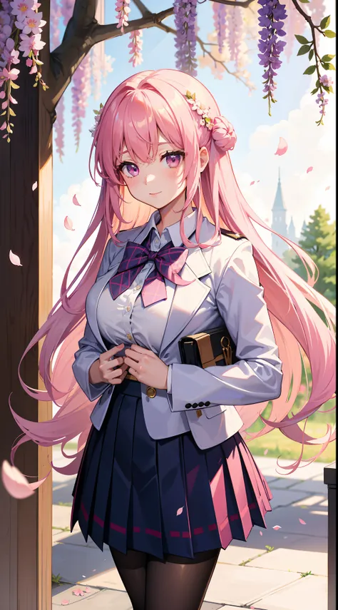 A girl in a school uniform stands in front of a tree with pink flowers on its branches，1个Giant Breast Girl，By bangs，Bare tree，blazer jacket，Bow knot，neck bowtie，tree branch，SakuraNS，collar shirt，daysies，Falling petals，florest background，florals，graduate，fl...