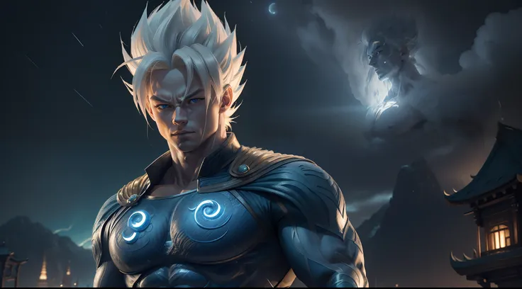 A true masterpiece of masculine beauty. gohan, super sayagin 5, 20 years old, Wears a martial arts outfit and fights in a haunted and abandoned city. Moonlight accentuates muscles just right. The landscape is lush and mysterious, with a dark city. The came...