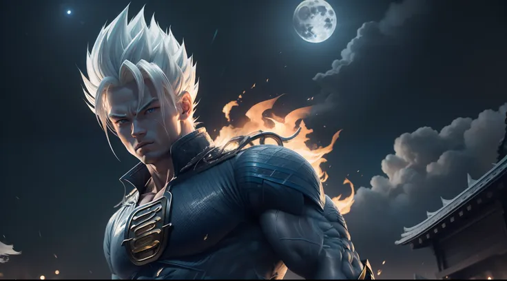 A true masterpiece of masculine beauty. gohan, super sayagin 5, 20 years old, Wears a martial arts outfit and fights in a haunted and abandoned city. Moonlight accentuates muscles just right. The landscape is lush and mysterious, with a dark city. The came...