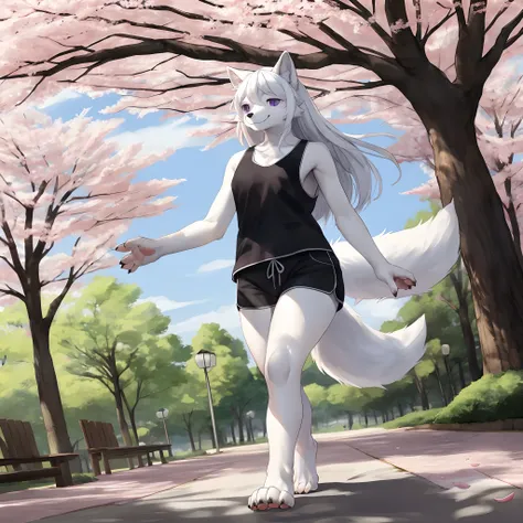 An all white furry anthropomorphic wolf girl, long white hair, purple eyes, black nose, cute snout, serious face, barefoot, paws, paw claws, white wolf tail, wearing black tank top, black short shorts, thick thighs, by gudlmok99, by sleepiness18, walking i...