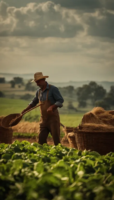 um agricultor jogando poucas sementes no campo