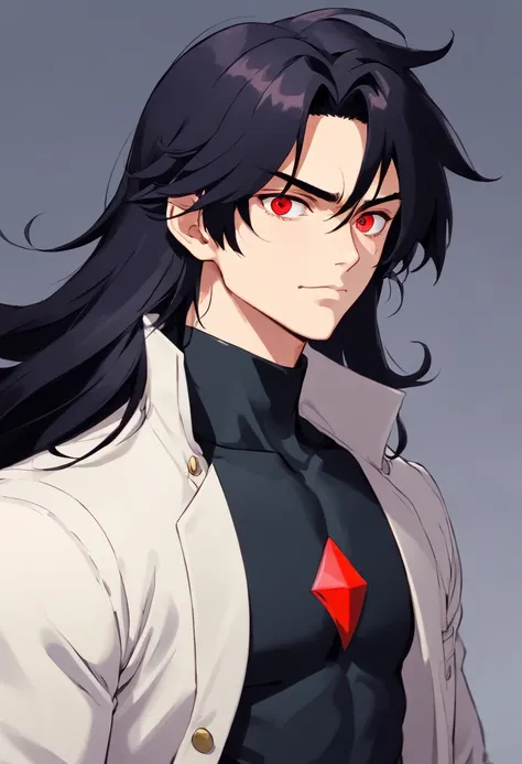 A two-meter muscular 20-year-old guy with pale skin, long black hair and red eyes, dressed in black pants, tight T-shirt in matte black, a white overcoat and similar to Dio Brando.