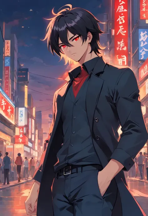 A two-meter muscular 20-year-old guy with pale skin, long black hair and red eyes, dressed in black pants, tight T-shirt in matte black, a white overcoat and similar to Dio Brando.