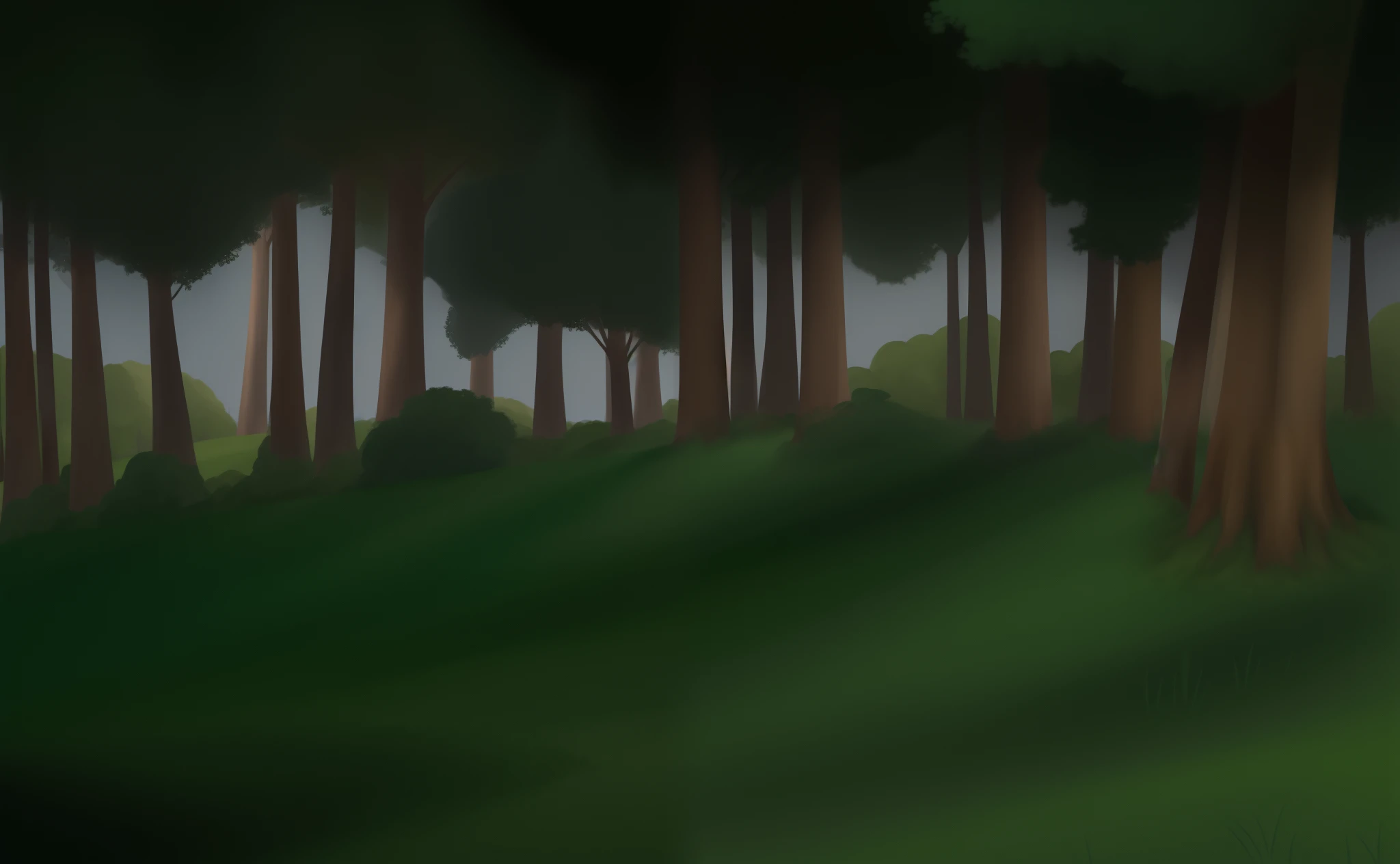 There is a drawing of a forest with trees and grass, some trees in the background, trees in the background, Ambiente escuro, Realista, highes definition