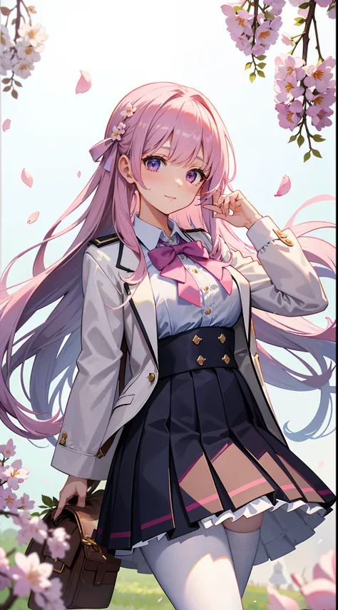 A girl in school uniform stands in front of a tree，Pink flowers bloom on the branches，1个Giant Breast Girl，By bangs，Bare tree，blazer jacket，Bow knot，neck bowtie，tree branch，SakuraNS，collar shirt，daysies，Falling petals，florest background，florals，graduate，flo...