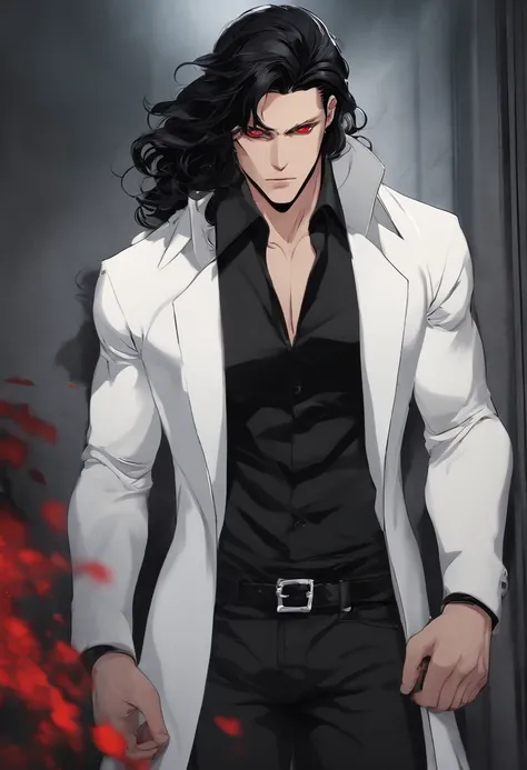 A two-meter muscular 20-year-old guy with pale skin, long black hair and red eyes, dressed in black pants, tight T-shirt in matte black, a white overcoat and similar to Dio Brando. in anime style.