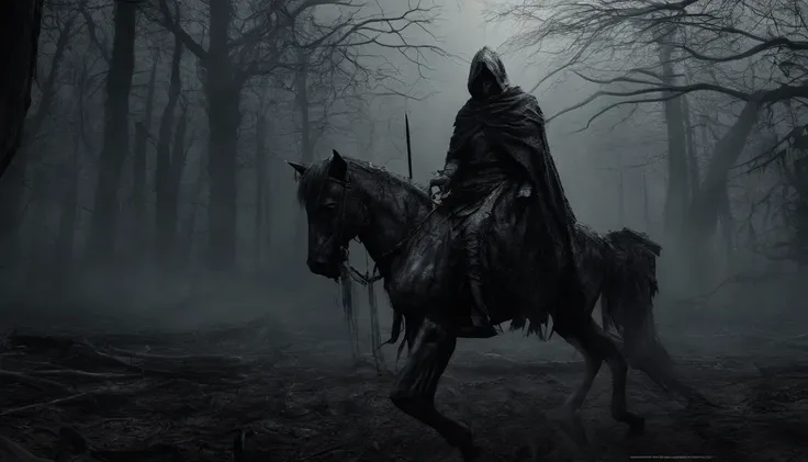 Undead Terror Knight，Riding a zombie horse with black and red eyes，The horse wears red horse armor，The background is pitch black wilderness，There were several dried corpses hanging from a dead tree，Pitch-black hazy picture，horror atmosphere，Extremely weird