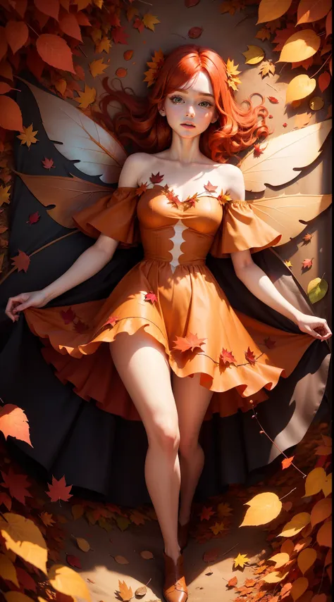 Redhead fairy in a dress made of autumn leaves, with fairy wings, full body, thin