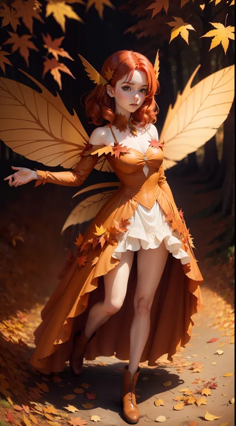 Redhead fairy in a dress made of autumn leaves, with fairy wings, full body, thin