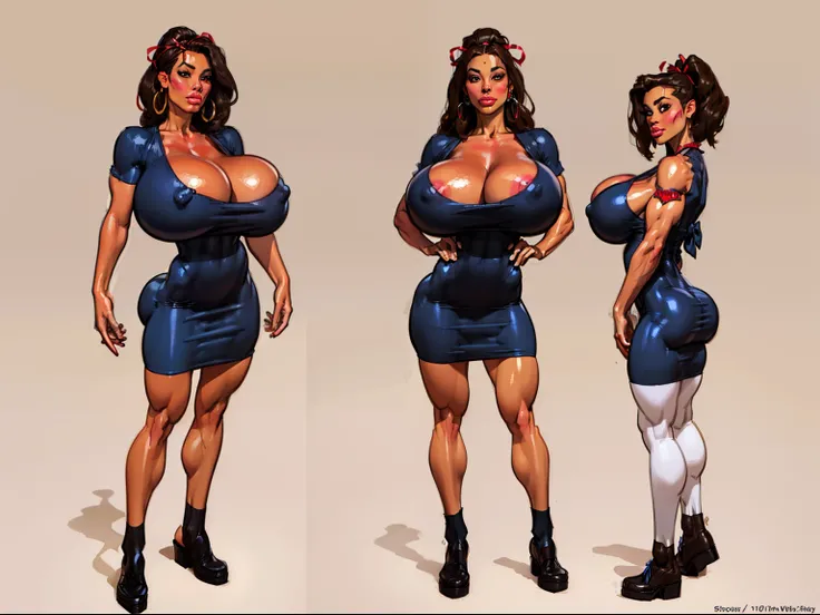 ((masterpiece)),(((best quality))),((character design sheet)), ((full body view)) ((native american girl)) mature face, defined cheekbones, high cheekbones, illustration, native girl, muscular, ((buckskins:1.4)), sexy bimbo, (gigantic breasts:1.7) black ha...