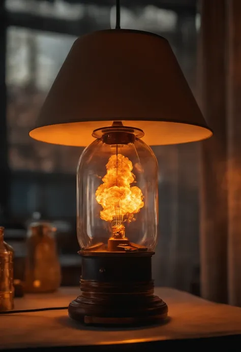 photograph of a nuclear explosion inside an Edison lamp, explosion just inside the glass lamp,  hiper-realista, 8k,