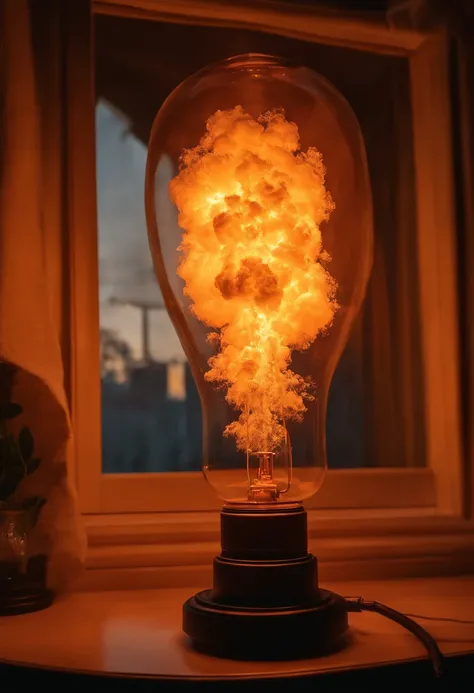 photograph of a nuclear explosion inside an Edison lamp, explosion just inside the glass lamp,  hiper-realista, 8k,