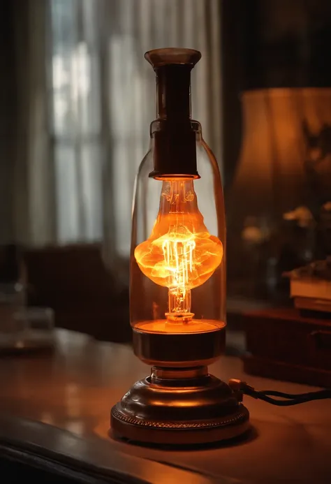 photograph of a nuclear explosion inside an Edison lamp, explosion just inside the glass lamp,  hiper-realista, 8k,