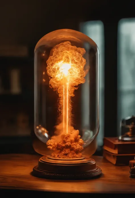 photograph of a nuclear explosion inside an Edison lamp, explosion just inside the glass lamp,  hiper-realista, 8k,