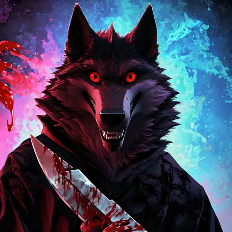 death Wolf its really been over five months since I made very disturbing art of him lets use artificial intelligence lets start his eyes are dark and red his pupils are dark and shadowy he is holding a knife full of blood in his left hand he is looking at ...