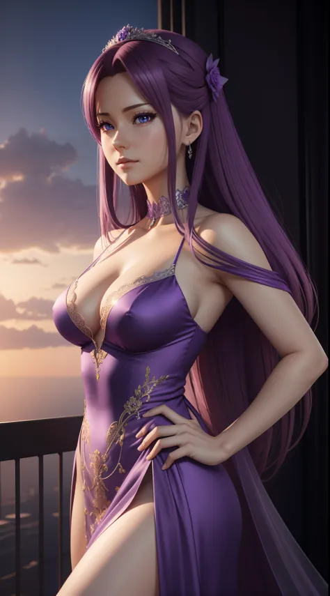 Woman in purple dress posing for photo, realistic 3D anime, extremely detailed art, photorealistic anime rendering, 8k high quality detailed art, captivating beautiful anime woman, 3D anime realistic style, 8k anime badass, Clear images, surreal anime, [ 8...