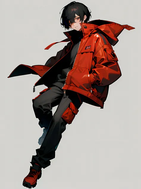 1 guy, short black hair, left eye red, right eye golden, wearing a dark gray parka with red accent, cargo pants, no background, simple background, high res, ultrasharp, sharp outline, full body, simple pose