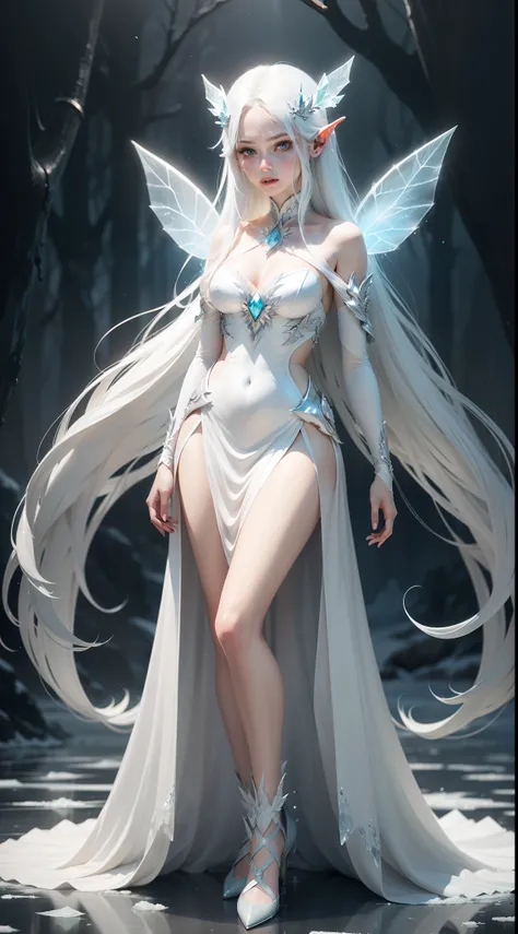 fairy with long icy flowing white hair, in a dress made of ice spikes, with fairy wings, full body, thin