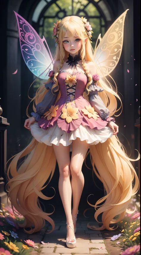 fairy with long flowery blonde hair, in a dress made of colorful flowers, with fairy wings, full body, thin