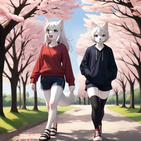 By kikurage, by gudlmok99, solo, an all white anthro furry wolf girl, black nose, white wolf tail, long white hair, purple eyes, highly detailed, black shirt, black tight short shorts,  medium breasts, walking in a park, cherry blossom trees in background,...