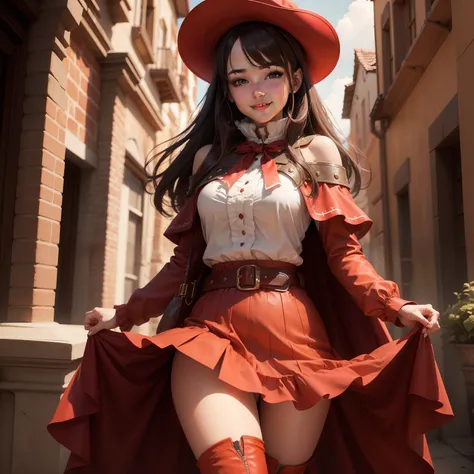 (best quality:1.2), cowboy shot, solo, 1girl, detailed facial features, captivating smile, full view, long sleeves, capelet, red skirt, thigh-high boots