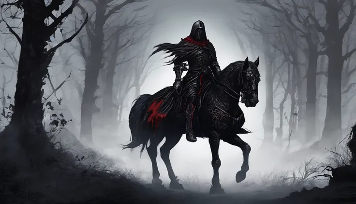 Undead Terror Knight，Riding a zombie horse with black and red eyes，The background is pitch black wilderness，There were several dried corpses hanging from a dead tree，4K，best qualtiy，primitive，（(Ultra-detailed and high-precision details))