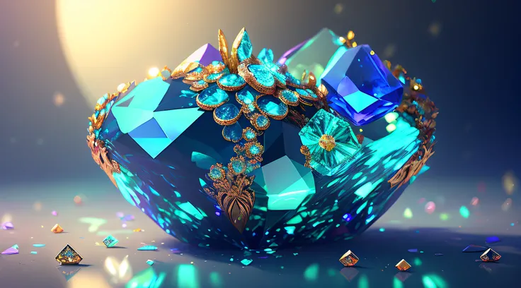 Lots of gems scattered on the floor,  Luxurious decoration, bio luminescent, Elegant, painting-like, Ultra-detailed, Delicate; with an intricate, Surreal concept art, Aesthetic, Smooth, sharp, Professional, masutepiece, custom, Best Quality, color correcte...