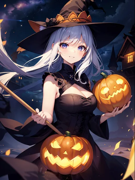 Jack Lantern、Obake pumpkin、Witch with a huge jack-lantern on her head、High Definition Pumpkin、Large pumpkin、She holds a large amount of pumpkin in both hands、Cat ears and witchs hat、White-haired witch、Sorcerer、Magic broom、angry,Smile、Close one eye、extremel...