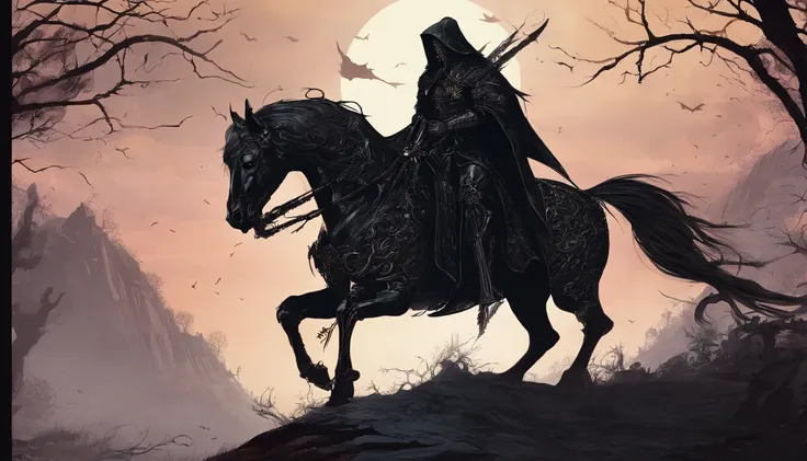 Undead Terror Knight，Riding black（Red-eyed zombie horse：1.5），The background is pitch black wilderness，There were several dried corpses hanging from a dead tree，4K，best qualtiy，primitive，（(Ultra-detailed and high-precision details))